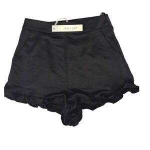 She + Sky Satin Black Ruffle Hem High Waisted Shorts SS7577 Small NEW